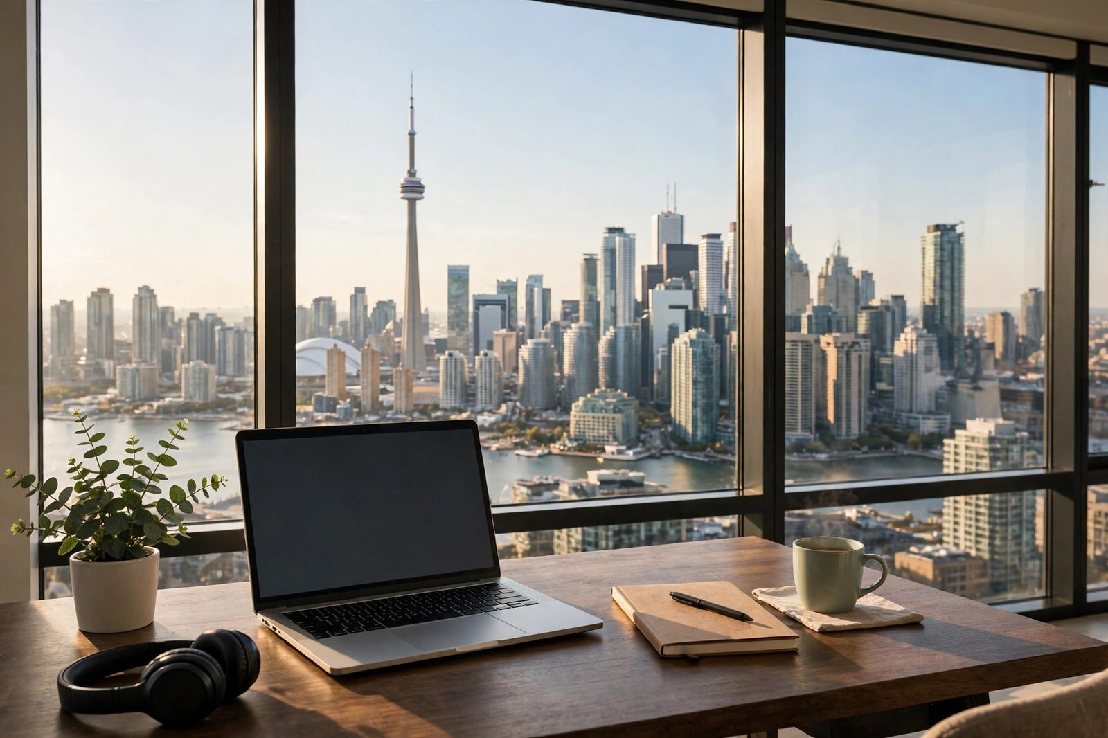 Bright workspace with a laptop and notebook overlooking a Canadian city skyline