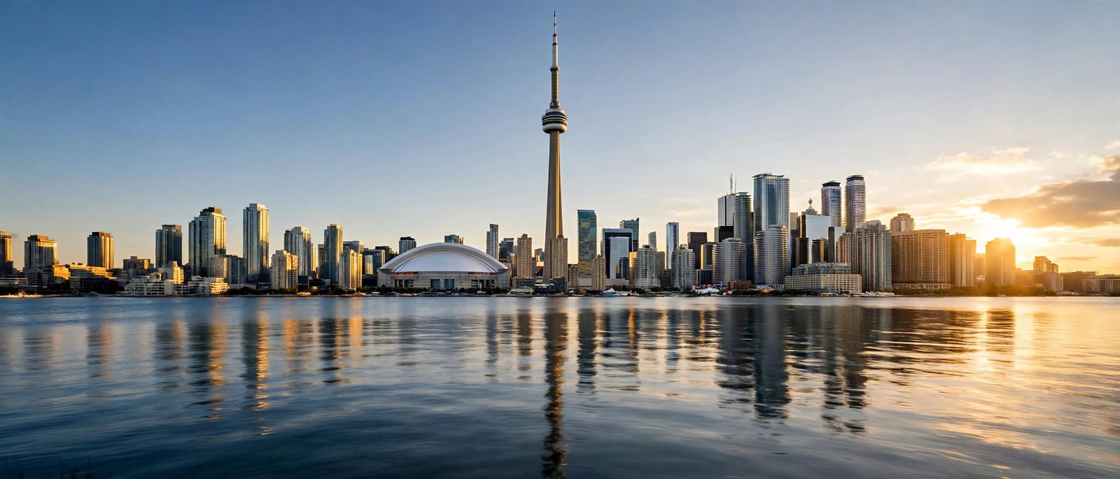 Toronto skyline and CN Tower across Lake Ontario at sunset